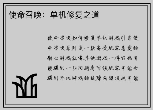使命召唤：单机修复之道